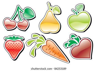fruits and vegetables icons, made of stylized hearts