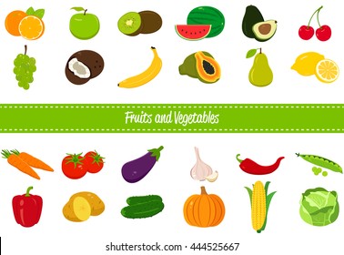 Fruits and Vegetables icons. Organic fruits and vegetables template. Healthy eating concept. Vector illustration