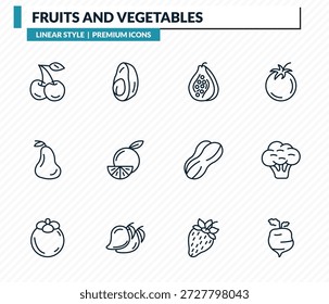 Conjunto de iconos de frutas y verduras: cereza, aguacate, papaya, coliflor, rábanos delinean la colección de Vector.