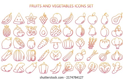 fruits and vegetables icons set, Contains such broccoli, peas, carrot, lime, melon and more. Used for modern concepts, web, UI, UX kit and applications. vector EPS 10 ready to convert to SVG.