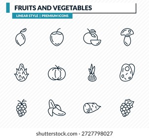 conjunto de ícones de frutas e legumes - limão, avelã, tangerina, batatas, coleção de vetor de contorno de uva.