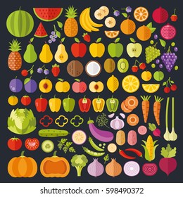 Fruits and vegetables icons set. Modern flat design graphic art for web banners, websites, infographics. Whole and sliced vegetables and fruit icons. Vector illustration isolated on black background