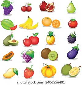 Obst und Gemüse Symbole Set von orangefarbenen Apfel Erdbeeren Ananas und andere Illustrationen.