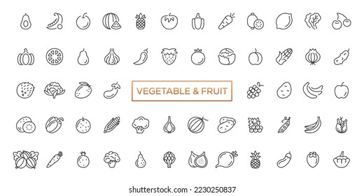 Fruits and vegetables icons set. Vector line icons, modern linear design graphic elements, outline symbols