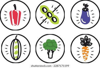 Symbole für Obst und Gemüse. Vektorgrafik im Linienstil.