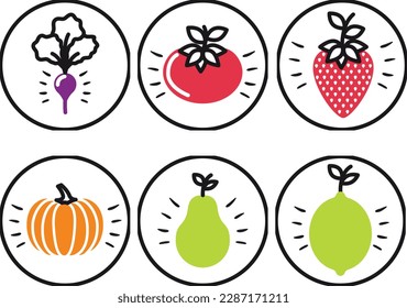 Symbole für Obst und Gemüse. Vektorgrafik im Linienstil.