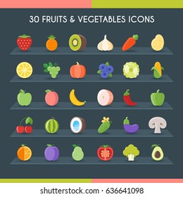 Fruits and vegetables icons set. Vector Illustration
