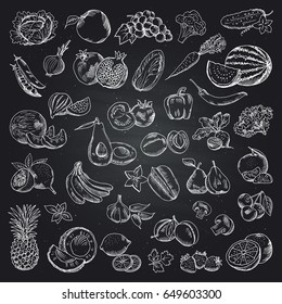 Fruits and vegetables illustrations. Health food doodle pictures on the black background. Vector set