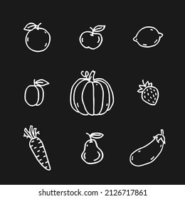 Fruits and vegetables illustrations set. Part two. White outline. Hand drawn. Vector Illustration