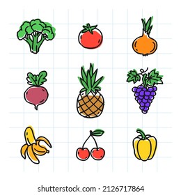 Se preparan ilustraciones de frutas y verduras. Segunda parte. Dibujado a mano. Ilustración vectorial