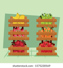 Fruits and vegetables inside wood furniture design, healthy organic food sweet nature juicy and nutrition theme Vector illustration