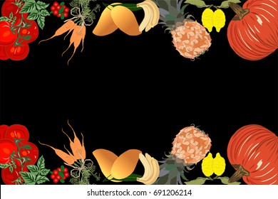 Fruits and Vegetables isolated on black. Natural Food.