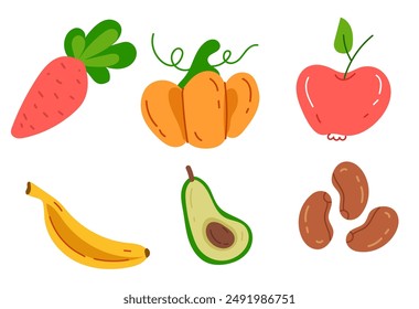 Frutas y verduras aisladas simple conjunto. Vector doodle dibujado a mano ilustración de Diseño gráfico