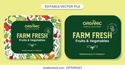 diseño de pegatinas para etiquetas de frutas y verduras, diseño de etiquetas de frutas frescas de granja, diseño de envases de verduras, caja de frutas y verduras con patrón archivo de vectores ecológico natural editable