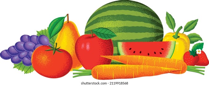 fruits and vegetables laid out in a coloful illustration. Use for printing on calndars, posters, tote bags, grocery bags, stickers, journals, books, textbooks, flyers, plates, packaging design.