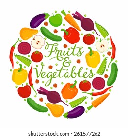 Fruits and vegetables lettering.
Vector fruits and vegetables with a lettering on a white background.