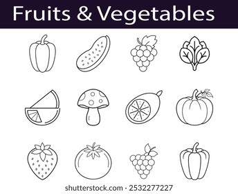 Fruits and Vegetables Line Art Illustrations