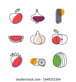Fruits and vegetables line color style icon set design, healthy organic food fresh natural market product quality and restaurant theme Vector illustration