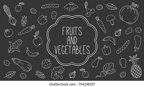 Fruits and vegetables line doodle creative icons as banner design template