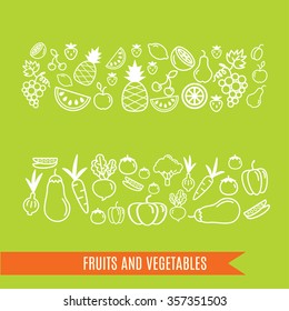 Fruits and vegetables. Line drawing. Vector illustration. Frame, banner, design elements.