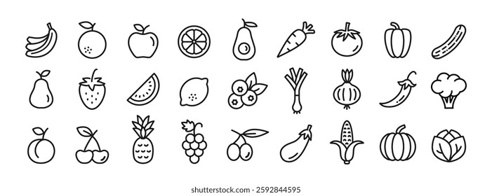 Fruits and vegetables, line icon set with editable stroke. Healthy vegan food icons. Simple outline food collection. Vector illustration.