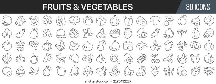 Kollektion von Symbolen für Obst und Gemüse. Das große UI-Icon wird in einem flachen Design gesetzt. Paket mit den Symbolen der dünnen Umrisse. Vektorgrafik EPS10