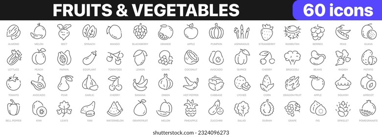 Kollektion von Symbolen für Obst und Gemüse. UI-Icon-Set. Paket mit den Symbolen der dünnen Umrisse. Vektorgrafik EPS10