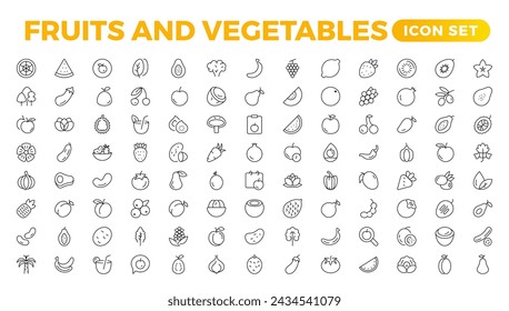 Fruits and vegetables line icons collection. Big UI icon set in a flat design. Thin outline icons pack. Vector illustration. Fruits and vegetables icons set. Food vector illustration.Outline icon set.