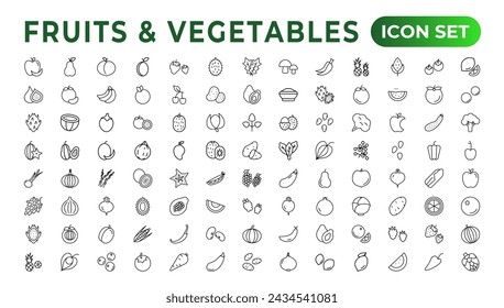 Fruits and vegetables line icons collection. Big UI icon set in a flat design. Thin outline icons pack. Vector illustration. Fruits and vegetables icons set. Food vector illustration.Outline icon set.