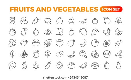 Fruits and vegetables line icons collection. Big UI icon set in a flat design. Thin outline icons pack. Vector illustration. Fruits and vegetables icons set. Food vector illustration.Outline icon set.