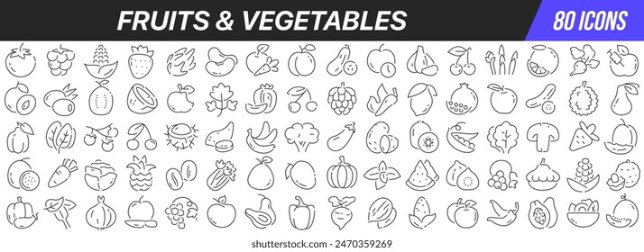 Fruits and vegetables line icons collection. Big UI icon set in a flat design. Thin outline icons pack. Vector illustration EPS10