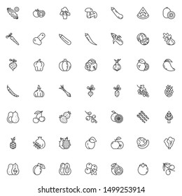 Fruits and vegetables line icons set. linear style symbols collection, outline signs pack. vector graphics. Set includes icons as dragon fruit, Cucumber, Tomato, Potatoes vegetable, Paprika, Pumpkin