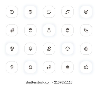 Fruits and vegetables line icons set. Apple, strawberry, lemon, carrot, corn, cherry, mushroom. Vector outline pictograms for web and ui, ux mobile app design. Editable Stroke. 24x24 Pixel Perfect.