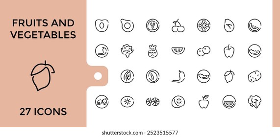 Fruits and vegetables line icons set, Big UI icon collection in a app design. Thin outline icons pack. editable stroke outline icons collection, vector illustration. Pixel perfect.
