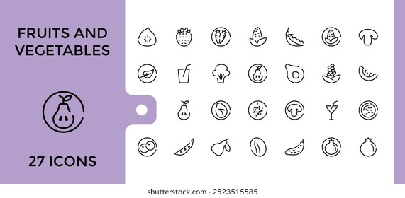 Fruits and vegetables line icons set, Big UI icon collection in a app design. Thin outline icons pack. editable stroke outline icons collection, vector illustration. Pixel perfect.