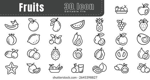 frutas e vegetais conjunto de ícones de linha. ícones de vetor minimalista curso editável. contendo menu, pote, café, festa, fresco, comida, refrigerante