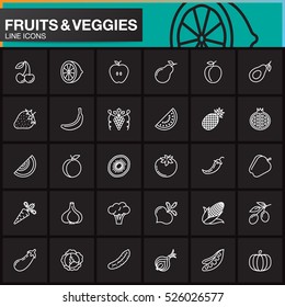 Fruits and vegetables line icons set, outline vector symbol collection, linear pictogram pack isolated on black, logo illustration