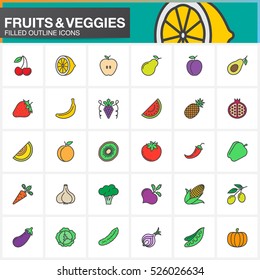 Conjuntos de iconos de línea de frutas y verduras, colección de símbolos vectoriales rellenos, paquete de pictogramas de color lineal aislado en blanco, ilustración del logotipo