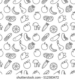 Fruits and vegetables line style seamless pattern. Fruits and Vegetables doodle seamless pattern. Fruits and vegetables outline background. Vegetarian food texture. Vector illustration
