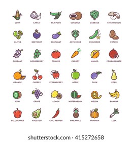 Fruits And Vegetables Line Vector Icons With Flat Elements. Vegetable Food Signs And Fruit Set Illustration
