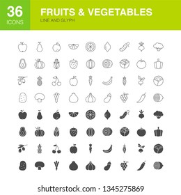 Fruits Vegetables Line Web Glyph Icons. Vector Illustration of Food Nature Outline and Solid Symbols. 