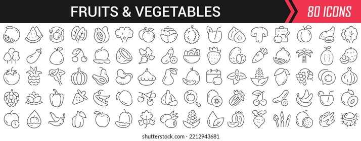 Fruits and vegetables linear icons in black. Big UI icons collection in a flat design. Thin outline signs pack. Big set of icons for design