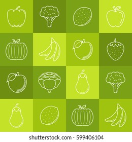 Fruits and vegetables lineart minimal vector iconset on multicolor checkered texture