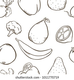 fruits and vegetables lineart seamless pattern