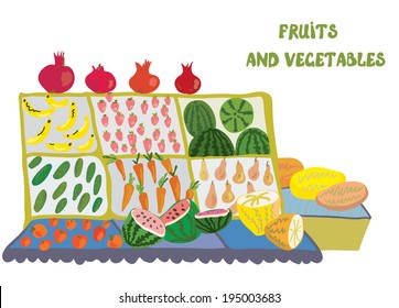 Fruits and vegetables market counter - illustration