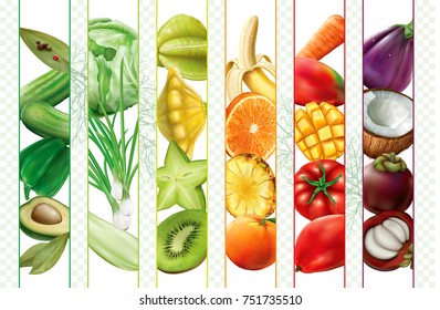 Fruits and vegetables mix strips on a transparent background. Vector illustration