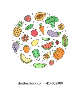 Fruits and vegetables multicolored outline vector circle illustration. Modern minimalistic design.