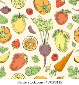 Fruits and vegetables multicolored seamless pattern in retro style. Vector