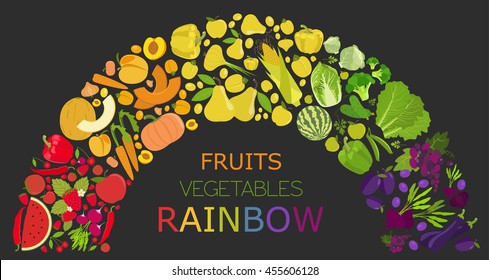 Fruits and vegetables. Nutrition rainbow. Icon set. Vector illustration