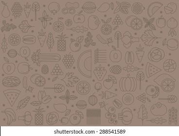 Fruits, Vegetables, Nuts, Berries background texture.
